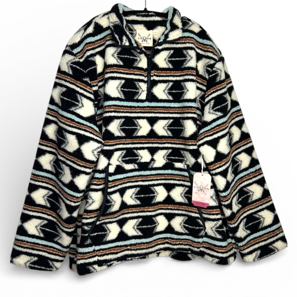 Cotton & Rye Aztec White Pullover Southwestern Western Fleece Sweater size XXL